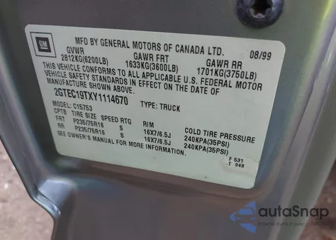 2000 GMC Sierra 1500 Sl z USA, uszkodzony, nr VIN 2GTEC19TXY1114670